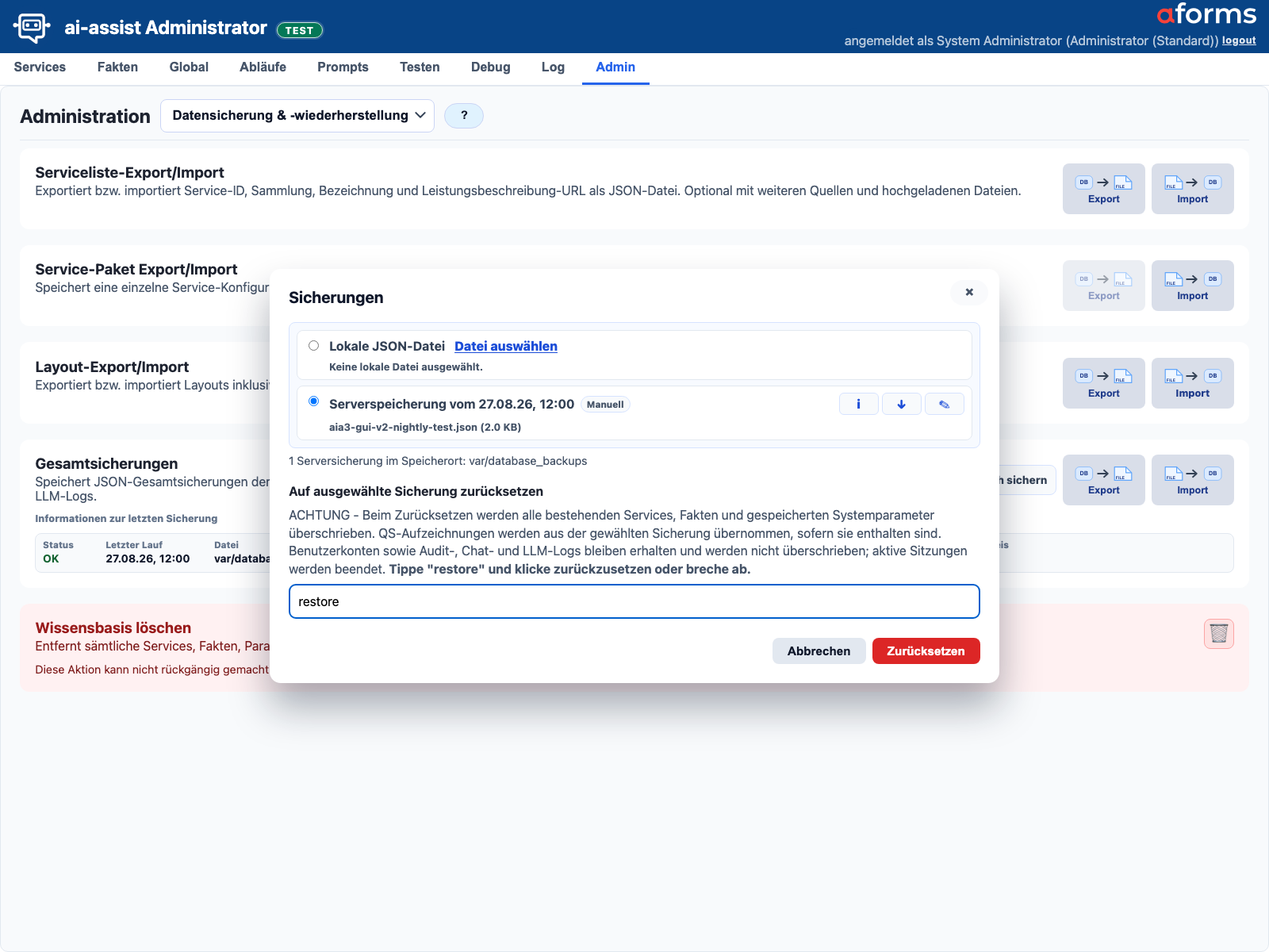 Serverliste der Gesamtsicherungen mit lokaler JSON-Datei, Serversicherung und Restore-Bestätigung