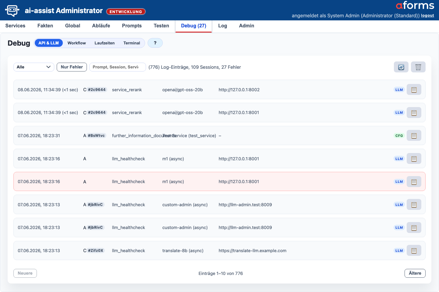 Debug-Maske in der Ansicht API und LLM mit Filterleiste, Ereignisliste und Detailbereich
