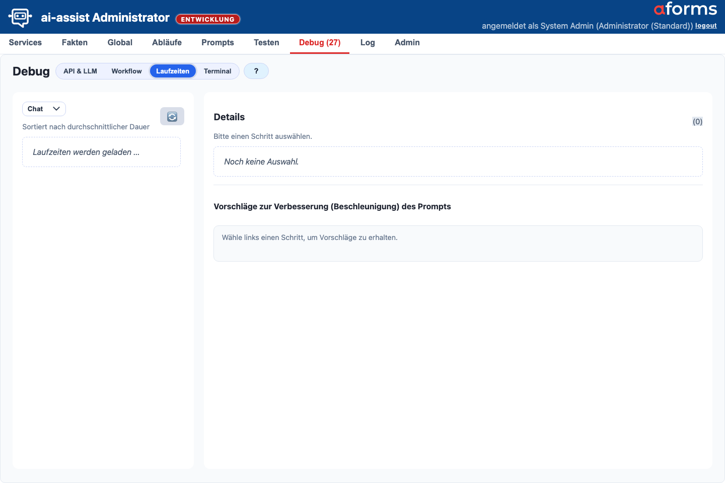 Debug-Maske in der Ansicht Laufzeiten mit Filter und Laufzeitmessungen