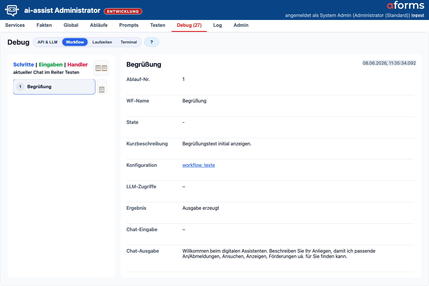 Debug-Maske in der Workflow-Ansicht mit Chat-Schritten, Serviceauswahl und Zustandsdetails