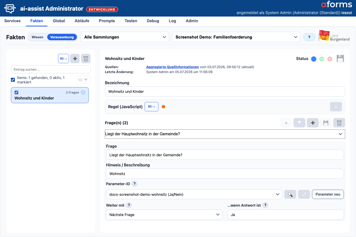 Fakten-Maske in der Sicht Voraussetzung mit Fragen, Parameterzuordnung, Mehrfachauswahl, Regelbereich und Statusaktionen