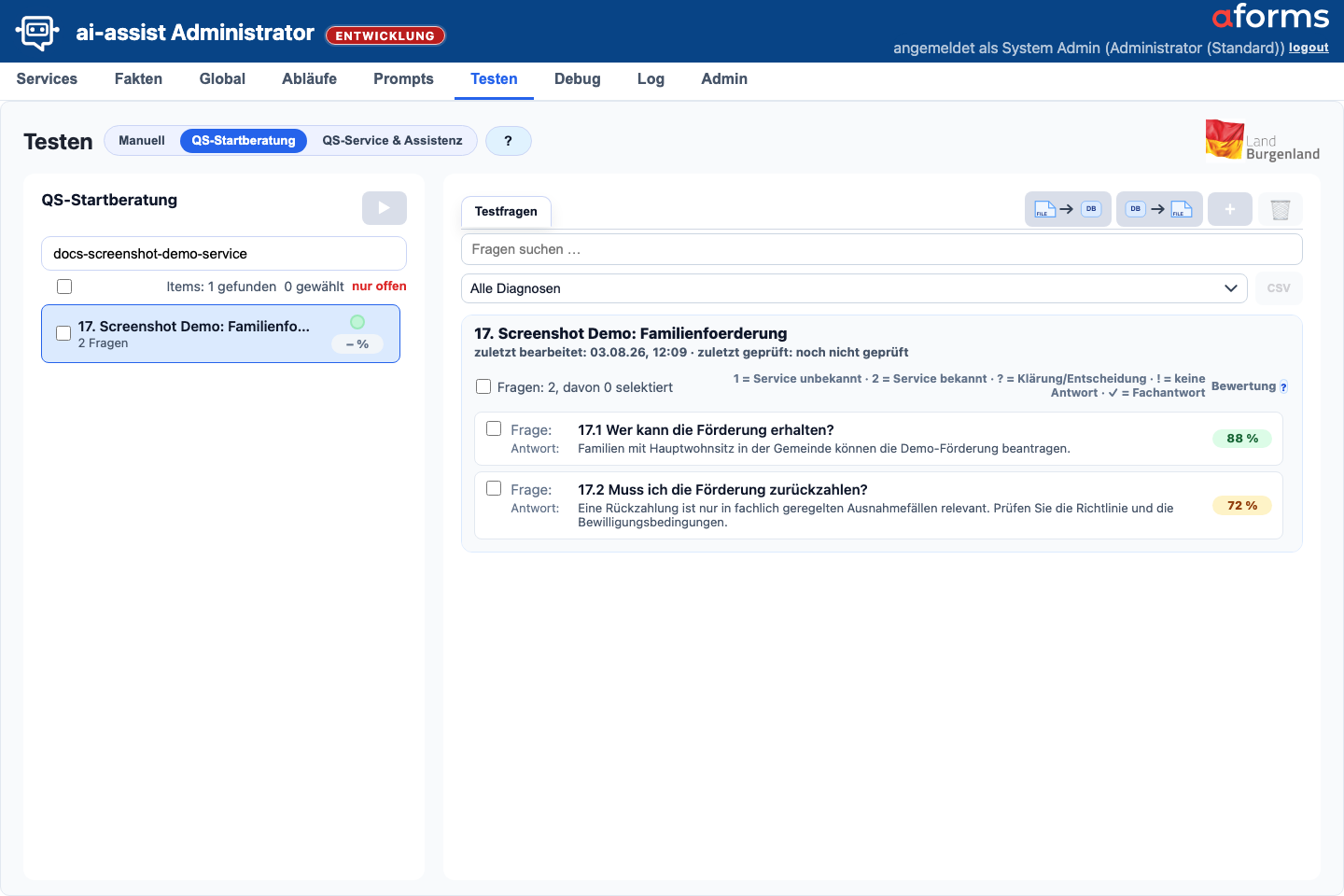 Testen-Maske in der Sicht QS-Startberatung mit Serviceliste, Testfragen, Bewertungen und Aktionen